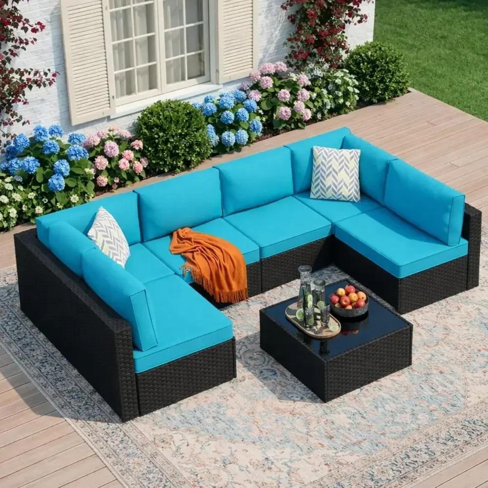 

7-Piece Outdoor Patio Furniture Set, PE Rattan Sectional Sofa with Cushions & Glass Coffee Table, Weather-Resistant for Poolside