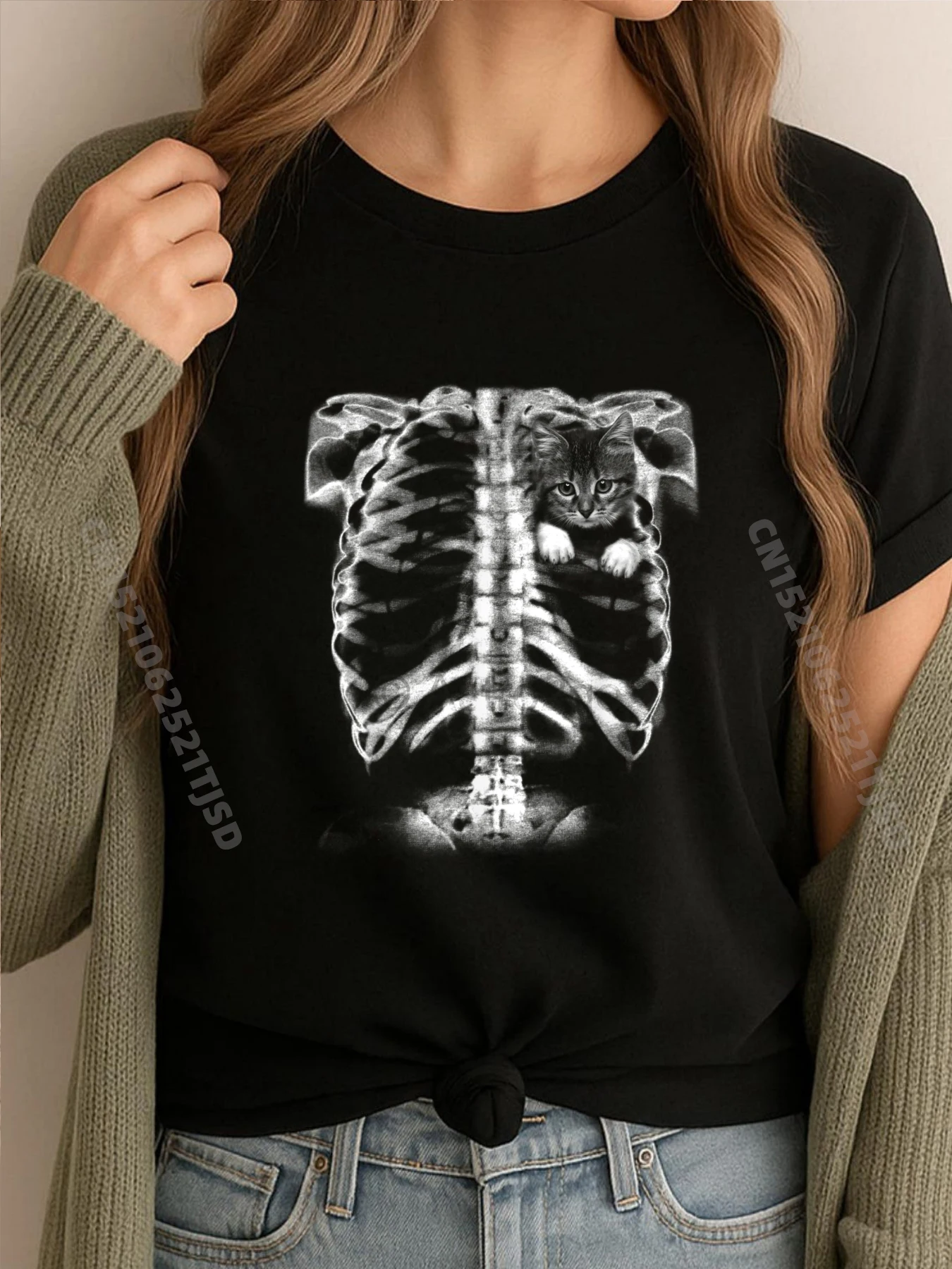 

Скелет Грудная клетка Любители кошек Забавная дизайнерская футболка на Хэллоуин Новые рубашки и футболки с принтом