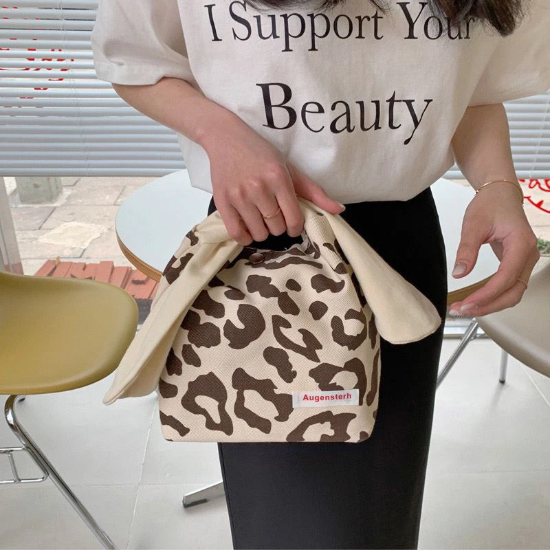 LAYRUSSI Japanese Fashion Leopard Print Tote Bento Bag Student Handheld Cooler Lunch Bag Big Ears Travel Portable Lunch Box Bag