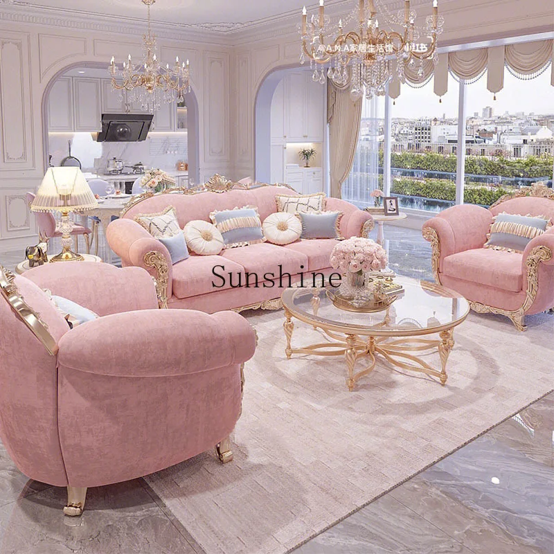 

Solid wood carving flower fabric sofa neoclassical luxury court living room