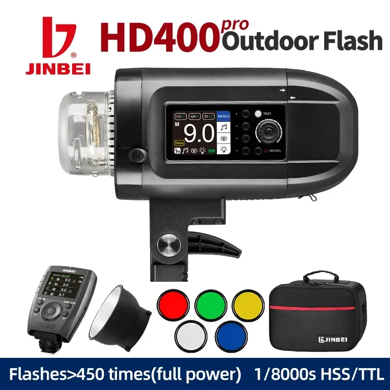 Flash TTL HSS JINBEI HD400pro 400W para Uso Externo, Luz Estroboscópica Sem Fio 2.4G, Iluminação Fotográfica Tudo-em-Um com Bateria Monolight para Estúdio