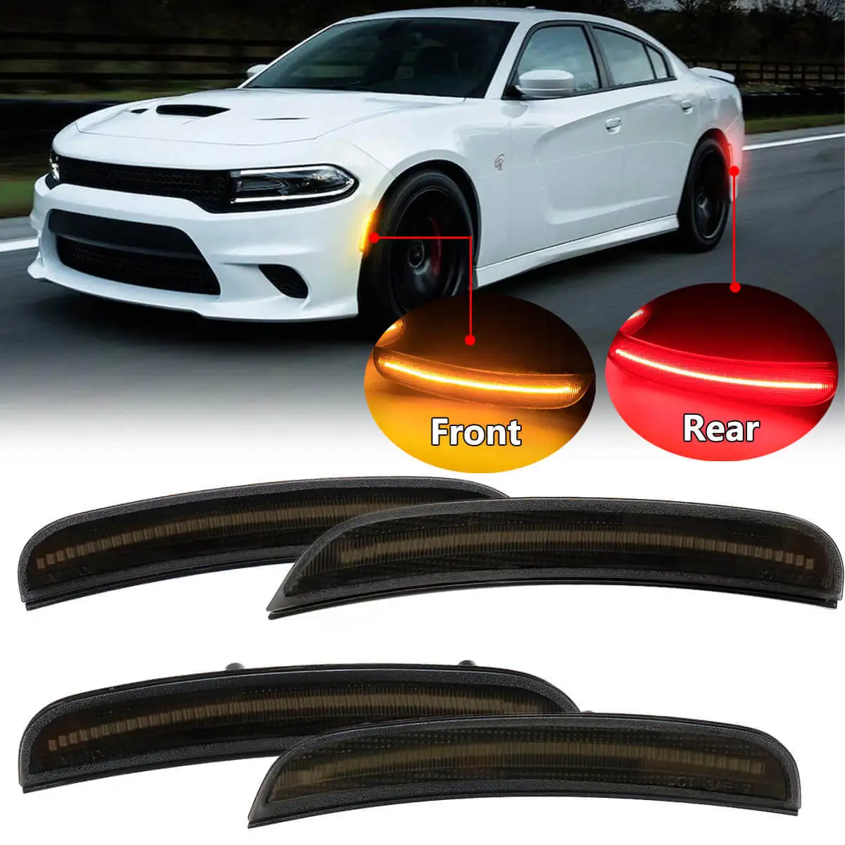 4Pcs Front Amber & Rear Red Led Side Marker Lights LED Turn Signal Indicator Lamps For Dodge Charger 2015-2023 car accessories