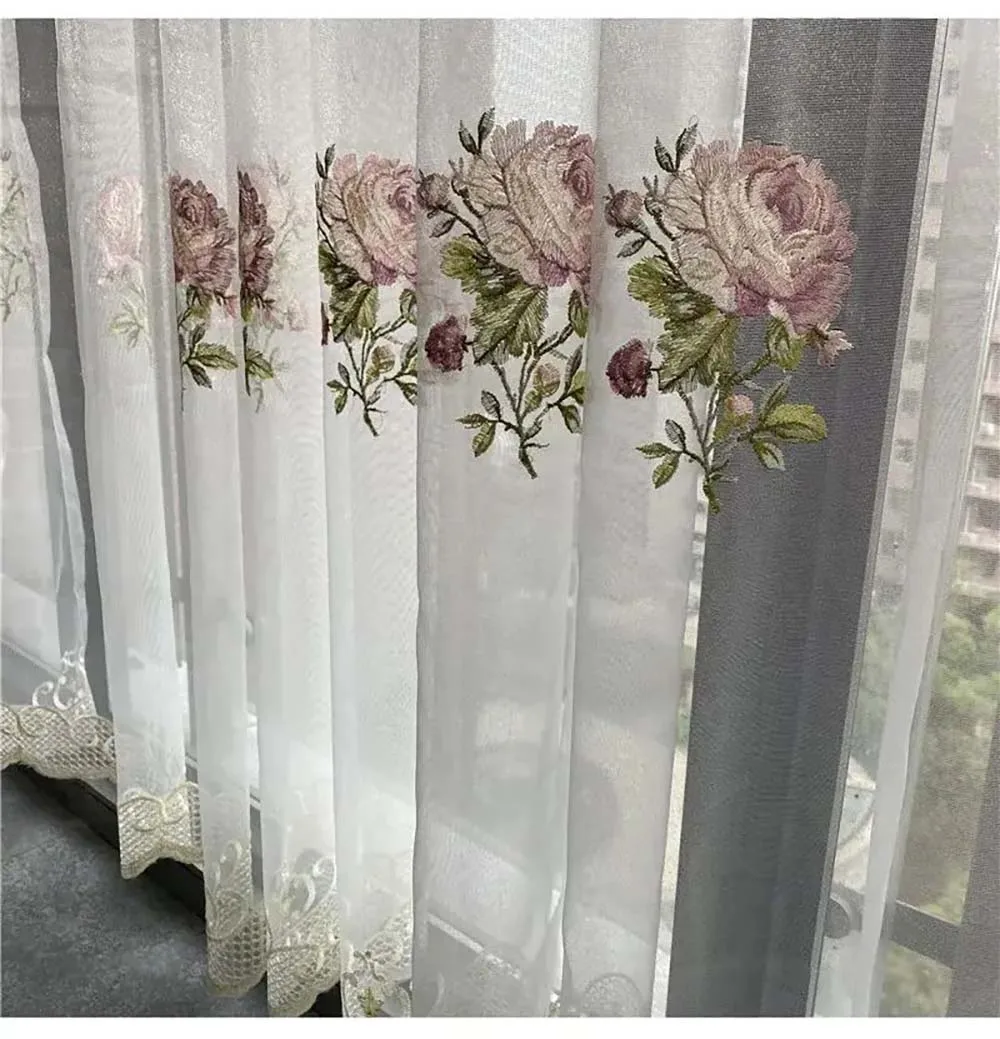 

American Luxury Peony Embroidery Tulle Curtain For Living Room European Elegant Flower Embroidery Sheer Voile Drapes For Bedroom