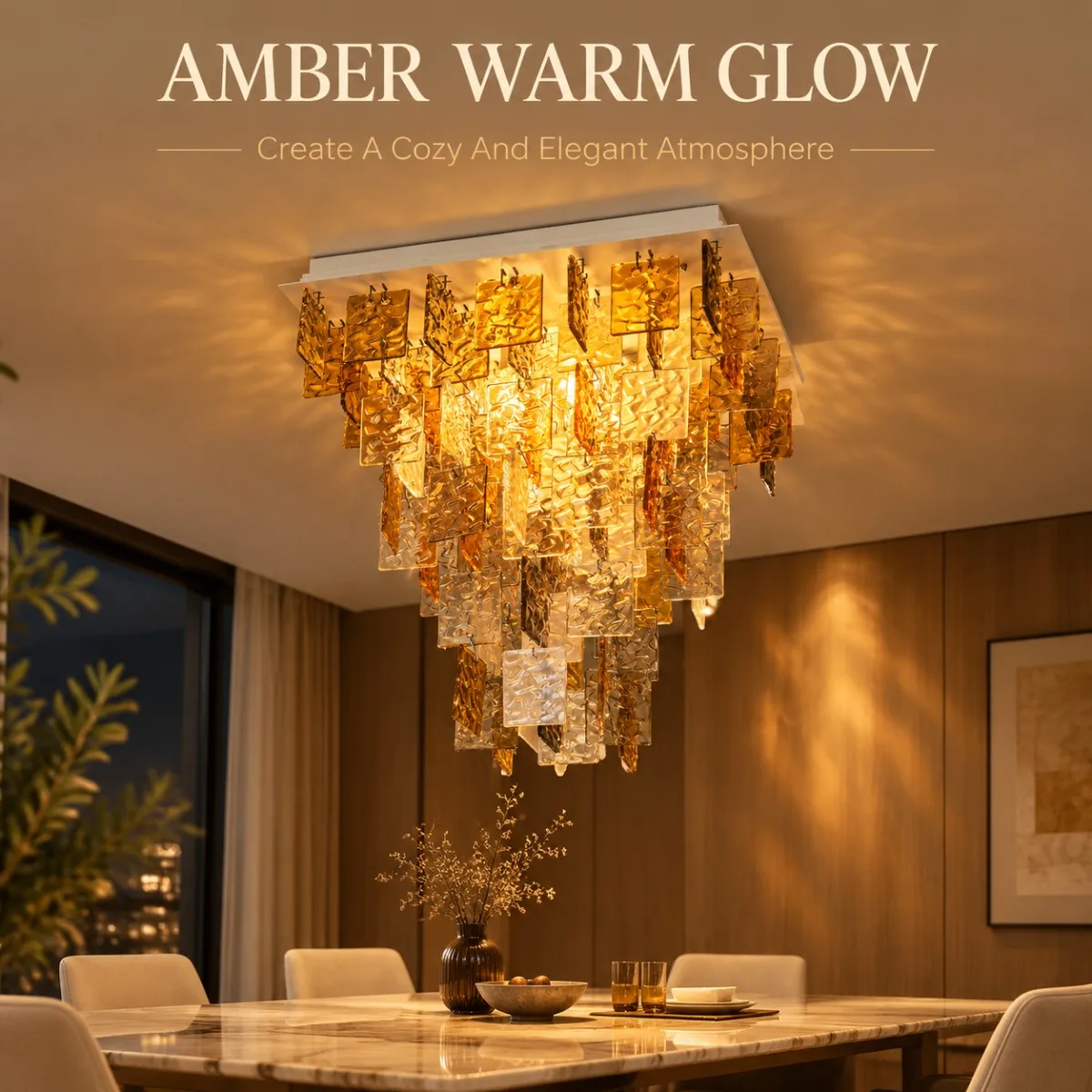 Modern Luxury 2026 Amber Murano Glass Flush Mount Chandelier Textured Glass Tile Ceiling Light for Villa Staircase Foyer