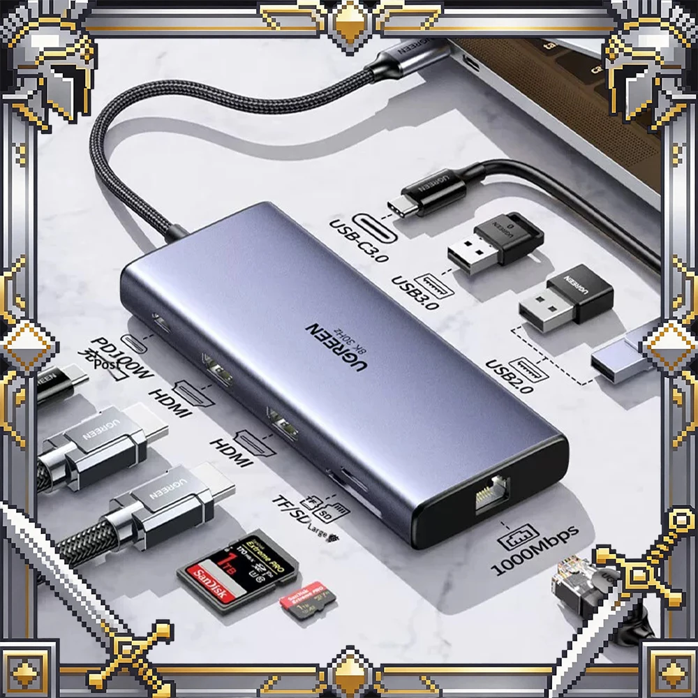 UGREEN 15534 Station d'extension pour ordinateur portable, affichage différent sur trois écrans, diffusion d'écran double HDMI haute définition, 8K