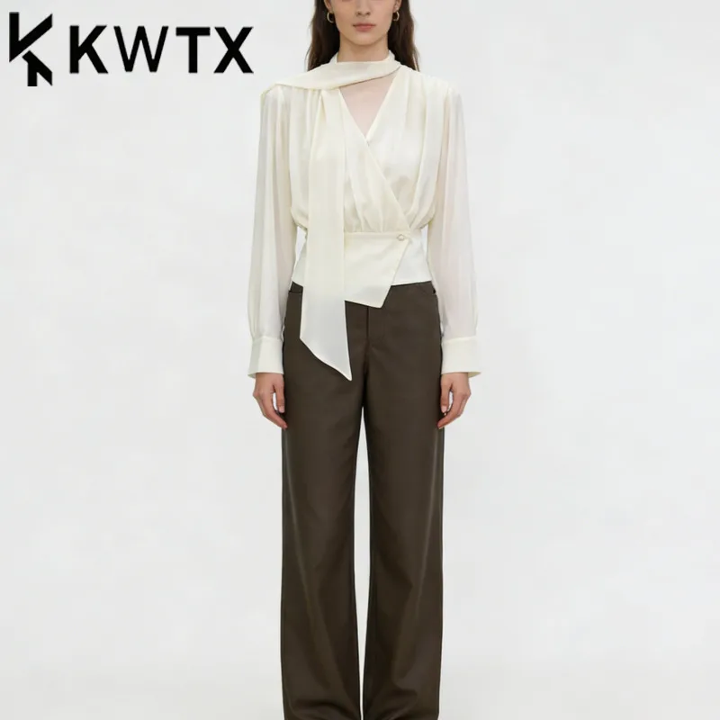 

Элегантная вечерняя блузка KWTX для женщин, новинка 2026 года, во французском стиле, с V-образным вырезом, бантом на талии, абрикосовая рубашка, топ для банкета