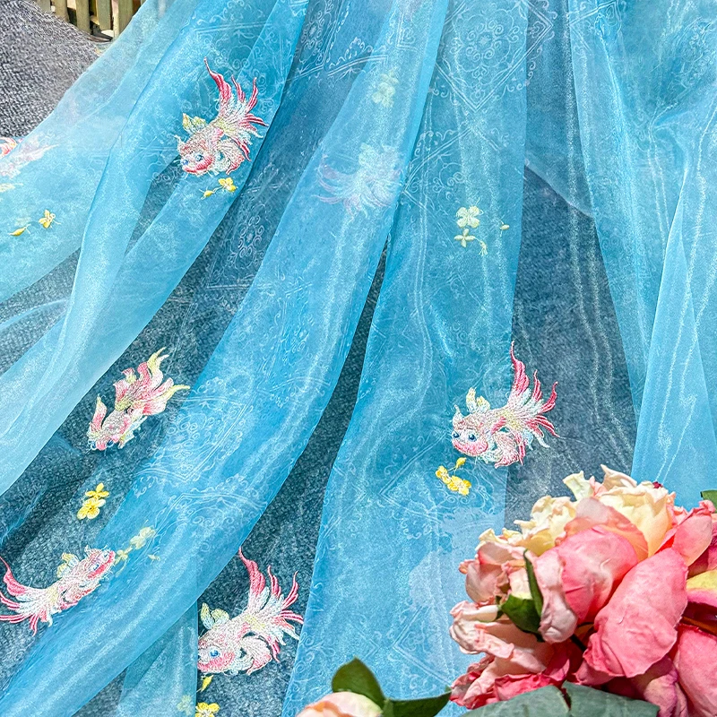50*150cm Chinese Style Koi Fish Embroidery Fabric Chic Tulle Designer Fabric For DIY Antique Hanfu Dress Dance Stage Costume