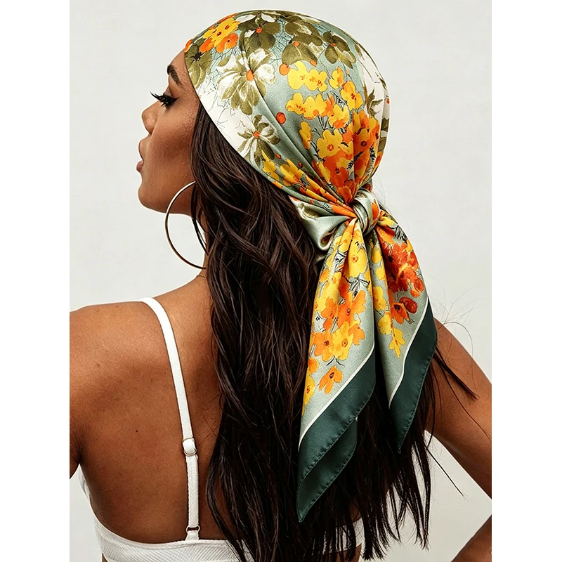 Silk Neck Scarf - ผ้าพันคอไหมเทียมลายดอกไม้ขนาด 90 ซม. สำหรับผู้หญิง ผ้าคลุมไหล่ ผ้าพันคอแฟชั่น