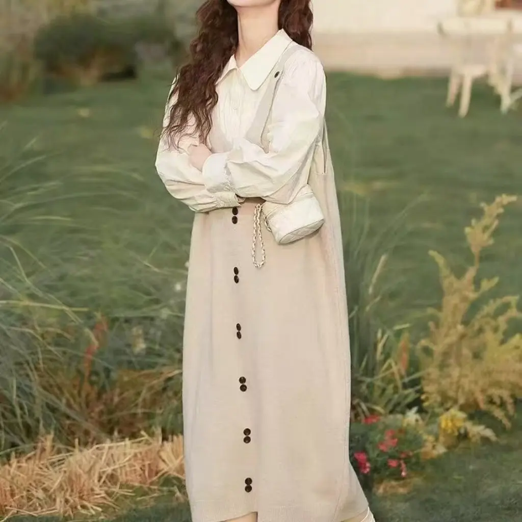 

Grey Knitted Camisole Dress for Women Loose Slimming High-End Casual Midi All-Match Autumn Winter Fashion