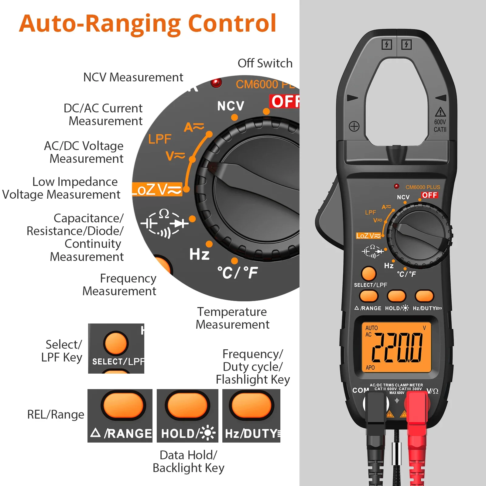 Clamp Meter TRMS 6000 Counts Support LPF LOZ Test Clamp Multimeter 800A DC AC Current 600V AC DC Voltage Continuity Capacitance