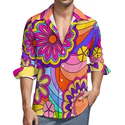 Camisa inspirada en Flower Power, camisas informales Retro Hippy Groovy de otoño, blusas de moda, diseño de manga larga, estilo callejero de talla grande