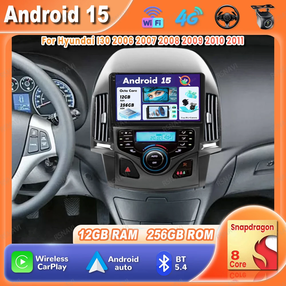 راديو السيارة أندرويد 15 لشركة هيونداي I30 2006 2007 2008 2009 2010 2011 Autoradio GPS رئيس وحدة DVD QLED اللاسلكية Carplay السيارات DSP BT