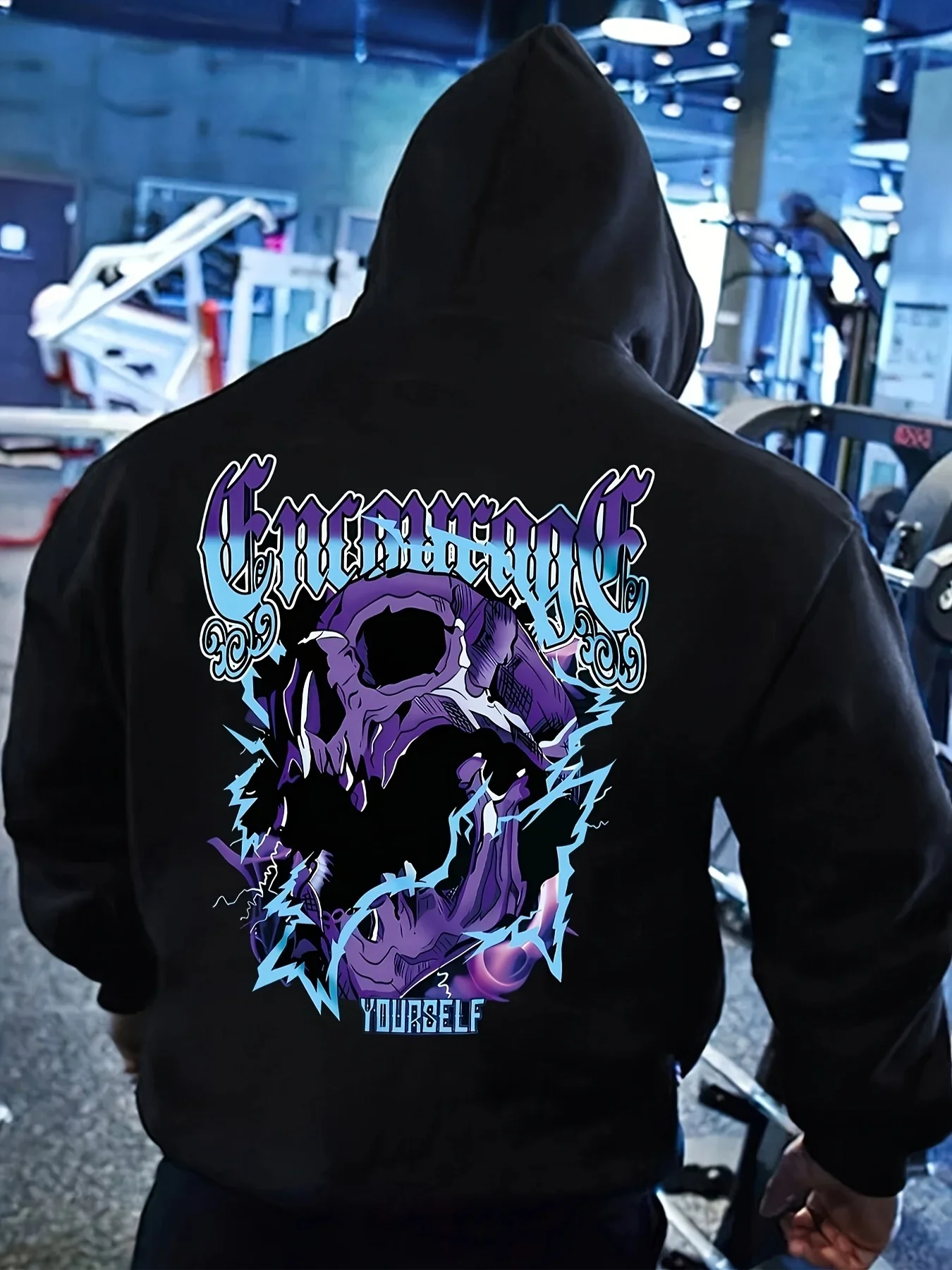 هوديي أسود للرجال مع طباعة خلفية "استشعار نفسك"، تصميم برق جمجمة أرجوانية، ملابس شارع تحفيزية للصالة الرياضية