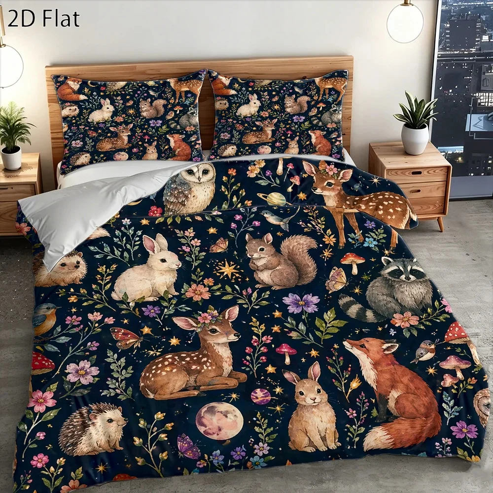 3Pc Dreamy Forest Animal Duvet Cover Set, Three-Piece Bedding Set (1*Duvet Cover + 2*Pillowcases), Suitable for All Seasons, Machine Washable, Features Invisible Zipper Design, Cartoon Deer, Fox, and Hedgehog Patterns, Suitable for Home, Dormitory, Master Bedroom, Guest Room, Large Double Bed Cover, Ins-Style Bedding Set, Cute Animal Print Bedding, Comfortable and Skin-Friendly Bedding Set