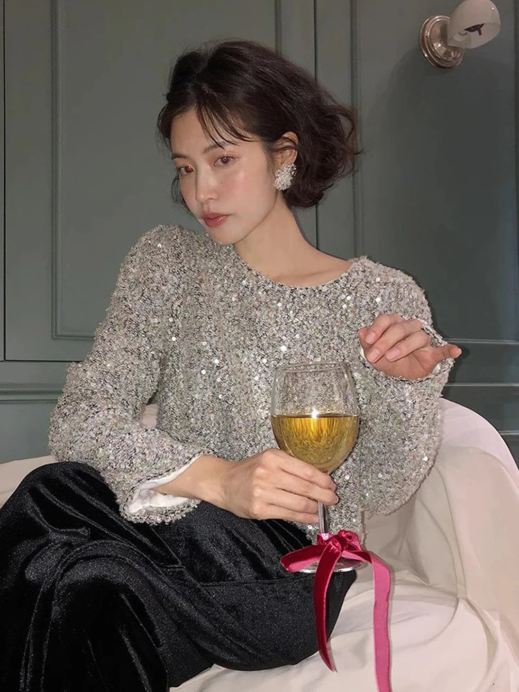 

Ele round Ne Long Sve Women's Top Chic Autumn Winter Loose Fit Faionable Embellied Knitwear Commute Sle