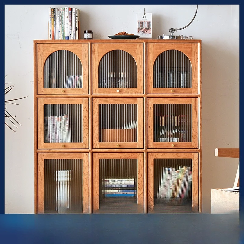 

Solid wood simple Nordic display cabinet, modern lattice bookcase, study living room figure side cabinet
