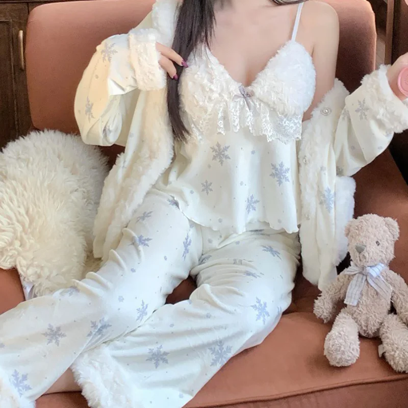 Island Velvet Sexy Pajamas for Women Home Wear Snowflake Print Three-piece Set Double-sided Warm Autumn Winter Pajamas