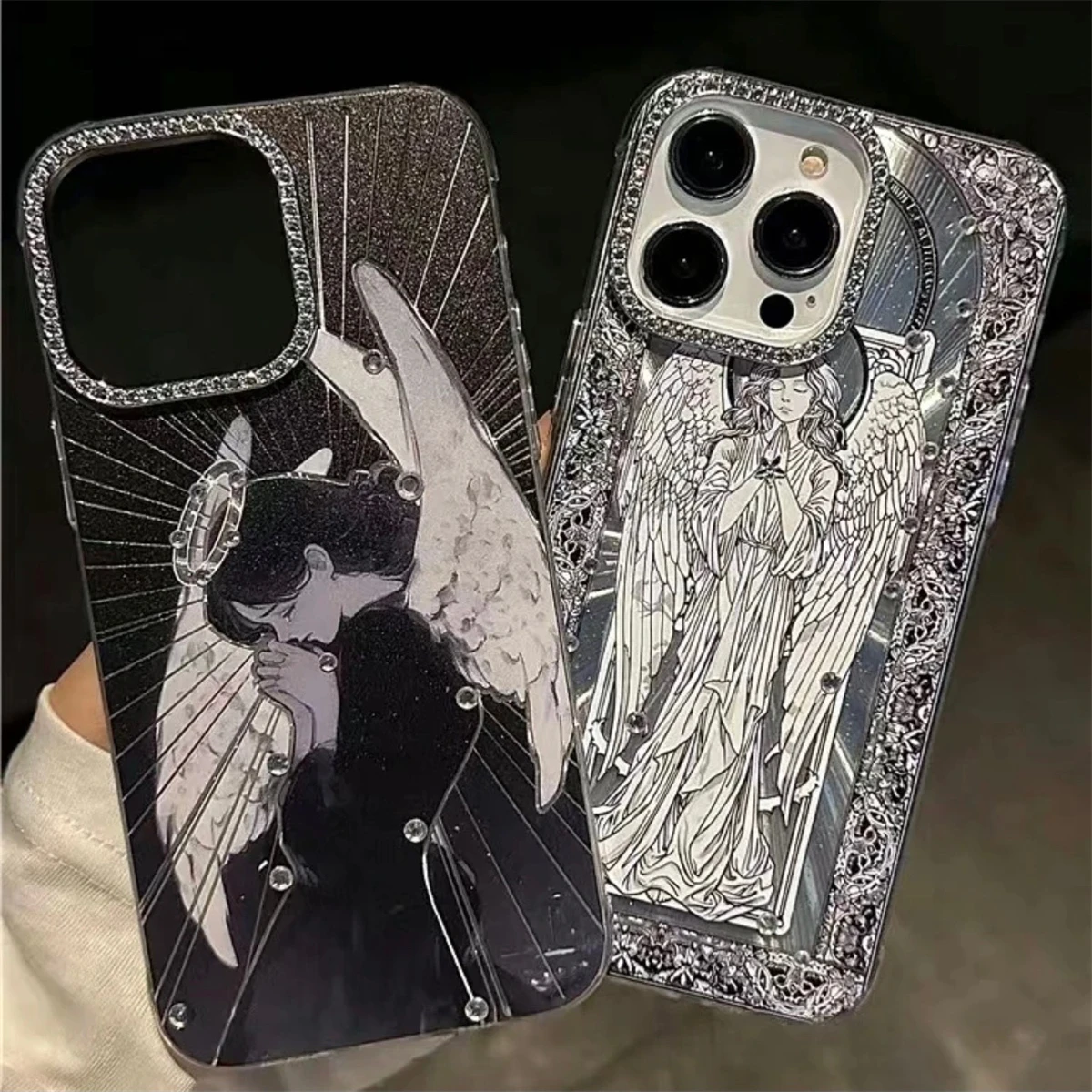 Aesthetic Madonna Prayer Diamond Phone Case For iPhone 15 Pro Max 13 14 Rhinestone Plating Lens Protection Soft Cover Coque