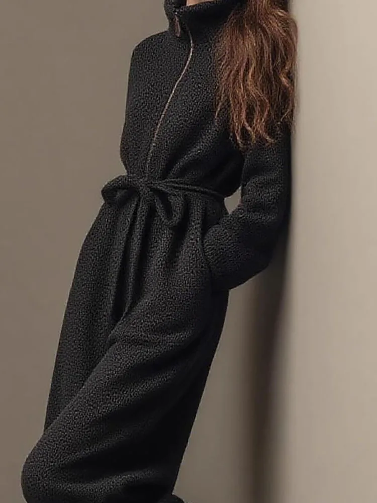 Осень-зима, женские комбинезоны на молнии с воротником-стойкой, винтажный однотонный комбинезон с длинными рукавами и карманами, новые повседневные брюки на шнуровке, комбинезоны