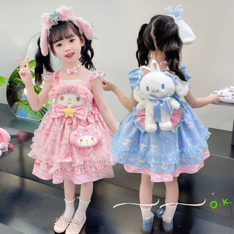 Kawaii 2024 New Cinnamoroll Kids Sleeveless Dress Sanrio Anime My Melody Girls Cute Lolita Summer Cosplay Puff Princess Dress