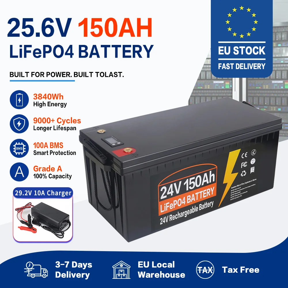 Batteria LiFePO4 12V 24V 150Ah 350Ah con BMS integrato da 100A, 9000 cicli, celle al litio ferro fosfato di grado A per campeggio, nautica, pesca, disponibile in magazzino UE, esente da tasse.
