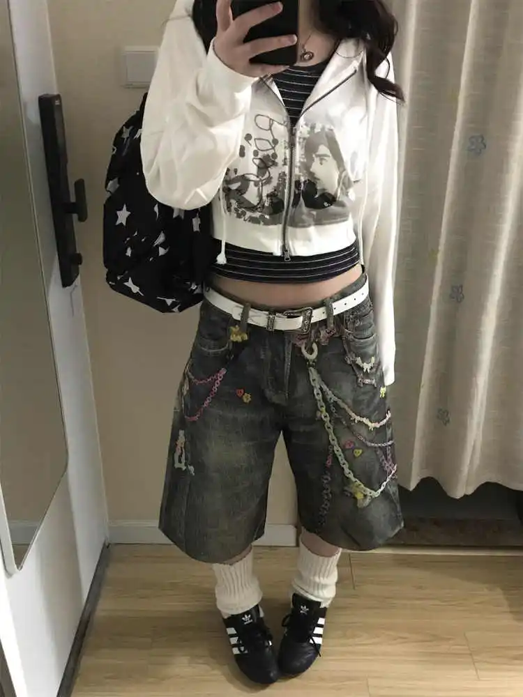 Summer Women American Retro Jorts Denim Shorts Punk Print Y2K 2000s Japanese Harajuku High Street Calf-Length Jean Pants Tide