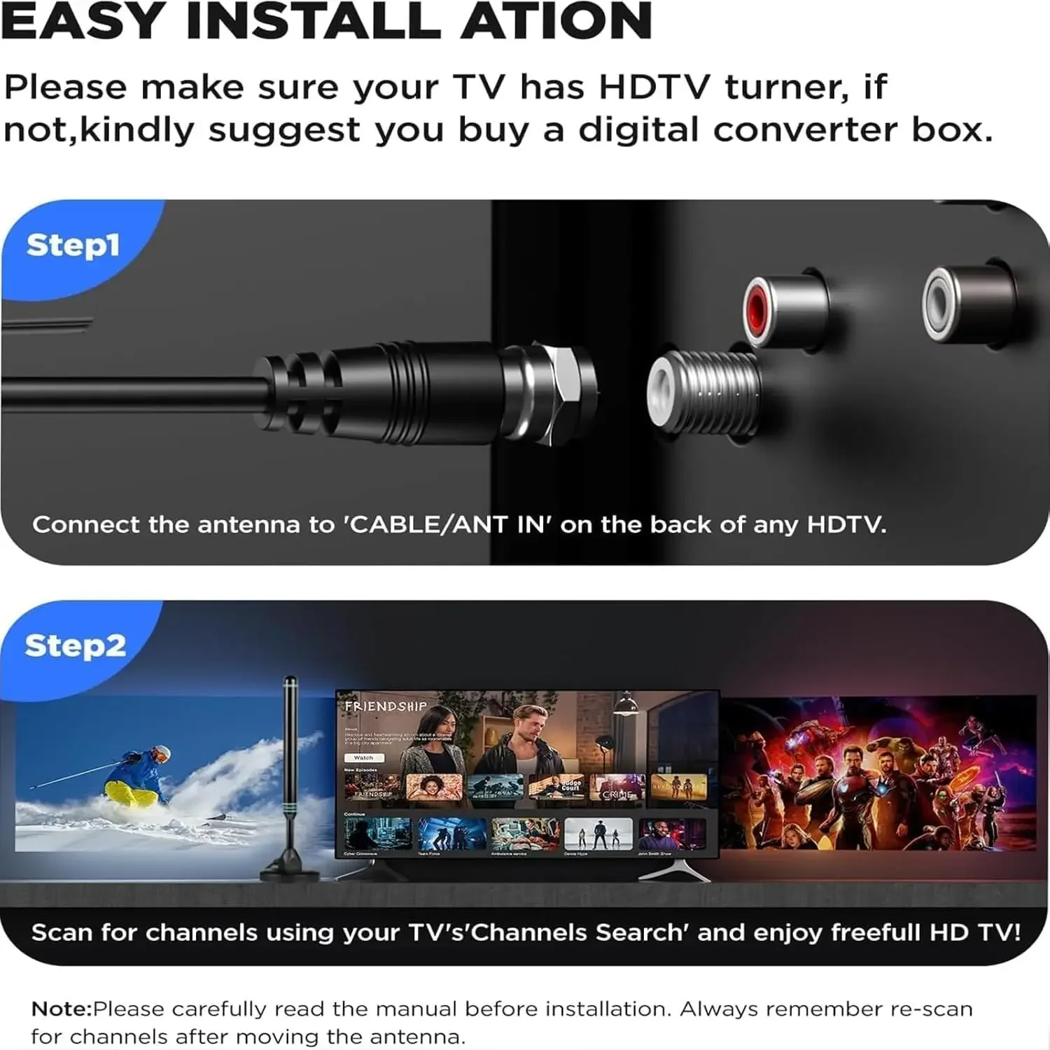 هوائي تلفزيون داخلي طويل المدى 900 ميل، يدعم استقبال إشارة التلفزيون الذكي 4K 1080p مع مضخم إشارة 16ft HDTV كابل محوري