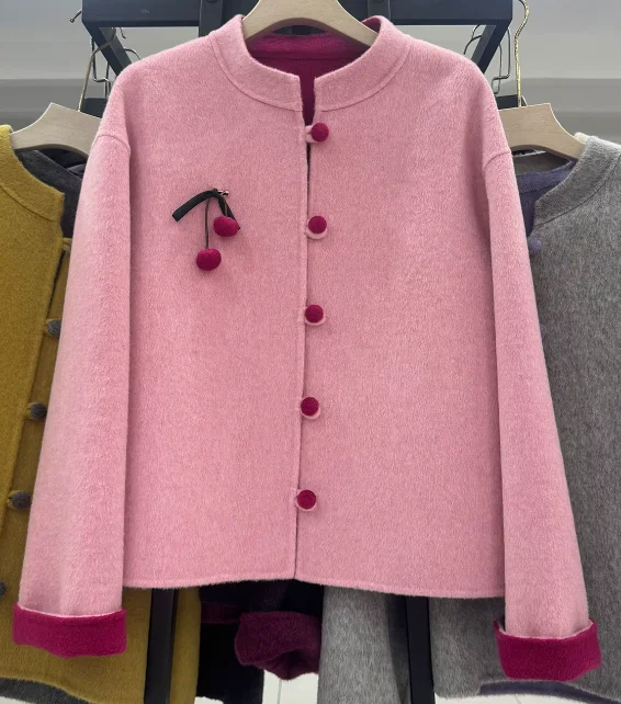Women Luxury New Chinese Style Double Faced Wool Coat Stand Collar Frog Button Short Woolen Outerwear Autumn Winter Solid Coat