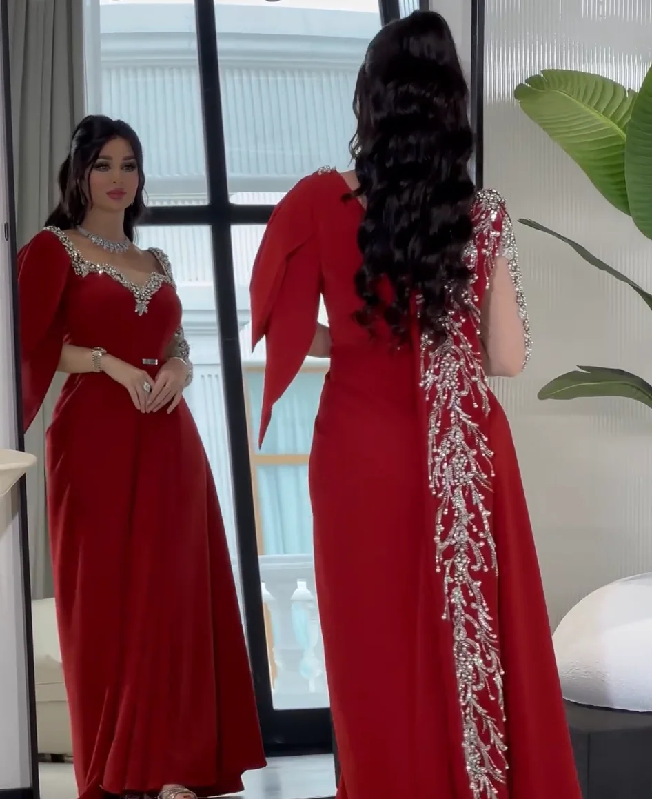 Red Mermaid Prom Dresses Long for Women 2025 Beading Crystal A Line V Neck Formal Evening Gowns Customized image 5