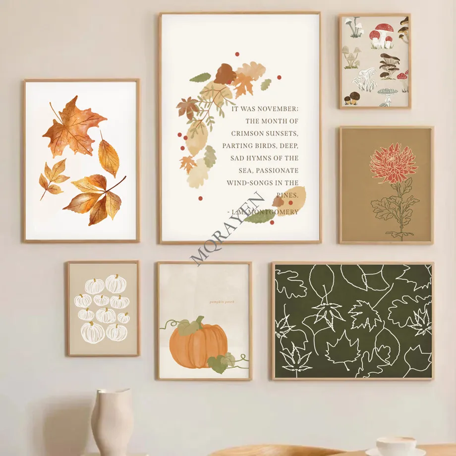 Autumn Maple Leaf Bird Pumpkin Chrysanthemum Posters Prints Canvas Painting Nordic Wall Art Pictures for Living Room Home Dec