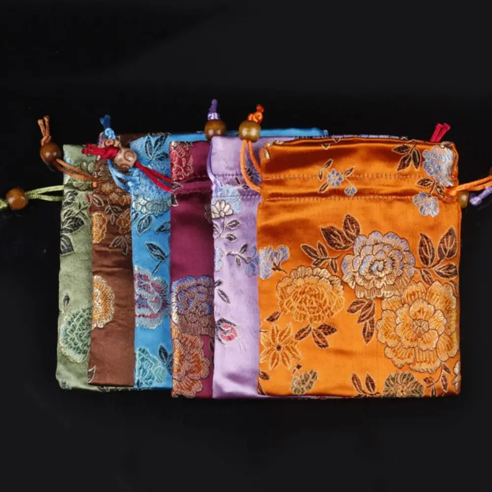 Bolsa con cordón de flores con bordado Floral, monedero de estilo chino, bolsa de embalaje de joyería, bolso de muñeca Hanfu de estilo étnico, cartera pequeña