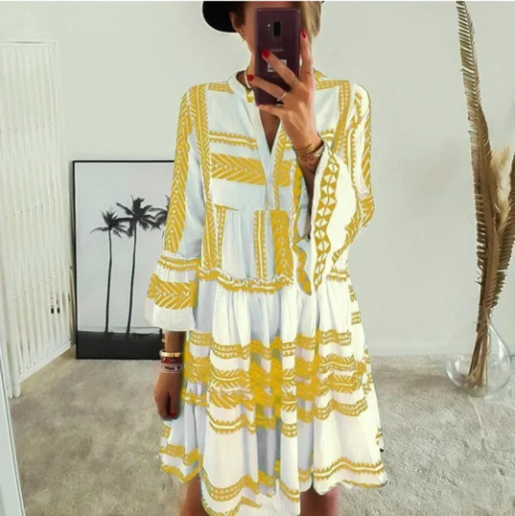 Geometric Print Short Dress V-neck Bell Sleeves Beach Style Summer New Style Pair Of Nine-quarter Sleeves Big Swing HolidayStyle