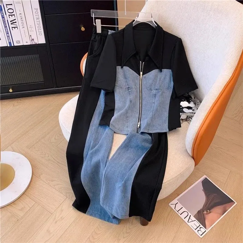 

New Fashion Female Trousers Set Spring Autumn Fake Two Pieces Denim Coat Wide Leg Pants Two-Piece Women's Casual Sports Sets 4XL