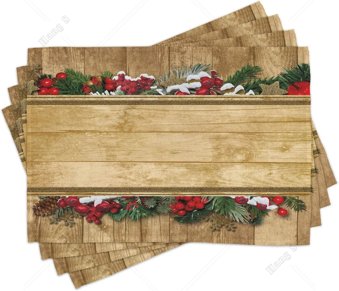 

Snowy Christmas Place Mats Set of 4 Wood Design Holiday Greeting Holly Theme Washable Placemats Stocked Eco-Friendly