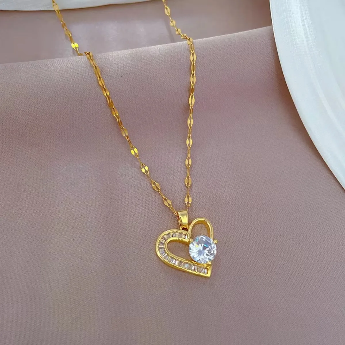 DIEYURO 316L Stainless Steel Asymmetrical Heart Zircon Pendant Necklace For Women New Luxury Girls Clavicle Chain Jewelry Gifts image 6