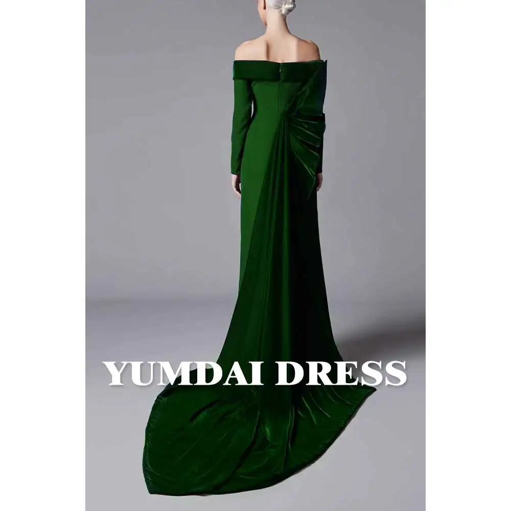 YUMDAI splendido ed elegante abito a maniche lunghe con spacco alto in velluto nero 2024 Dubai Luxury Wedding Party Large Tail Dress