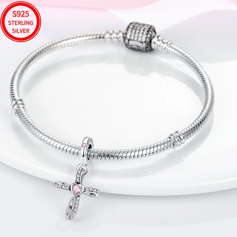 قلادة من الفضة الإسترليني عيار 925 متقاطعة من الزركونيوم الوردي، مناسبة لأساور نسائية أصلية هدايا مجوهرات ذاتية الصنع