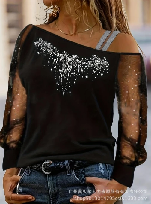 

Summer Fashion Women's Top Casual Pullover Elegant Rhinestone Decorative Mesh Spliced Long Sleeved Off the Shoulder Blouse Top