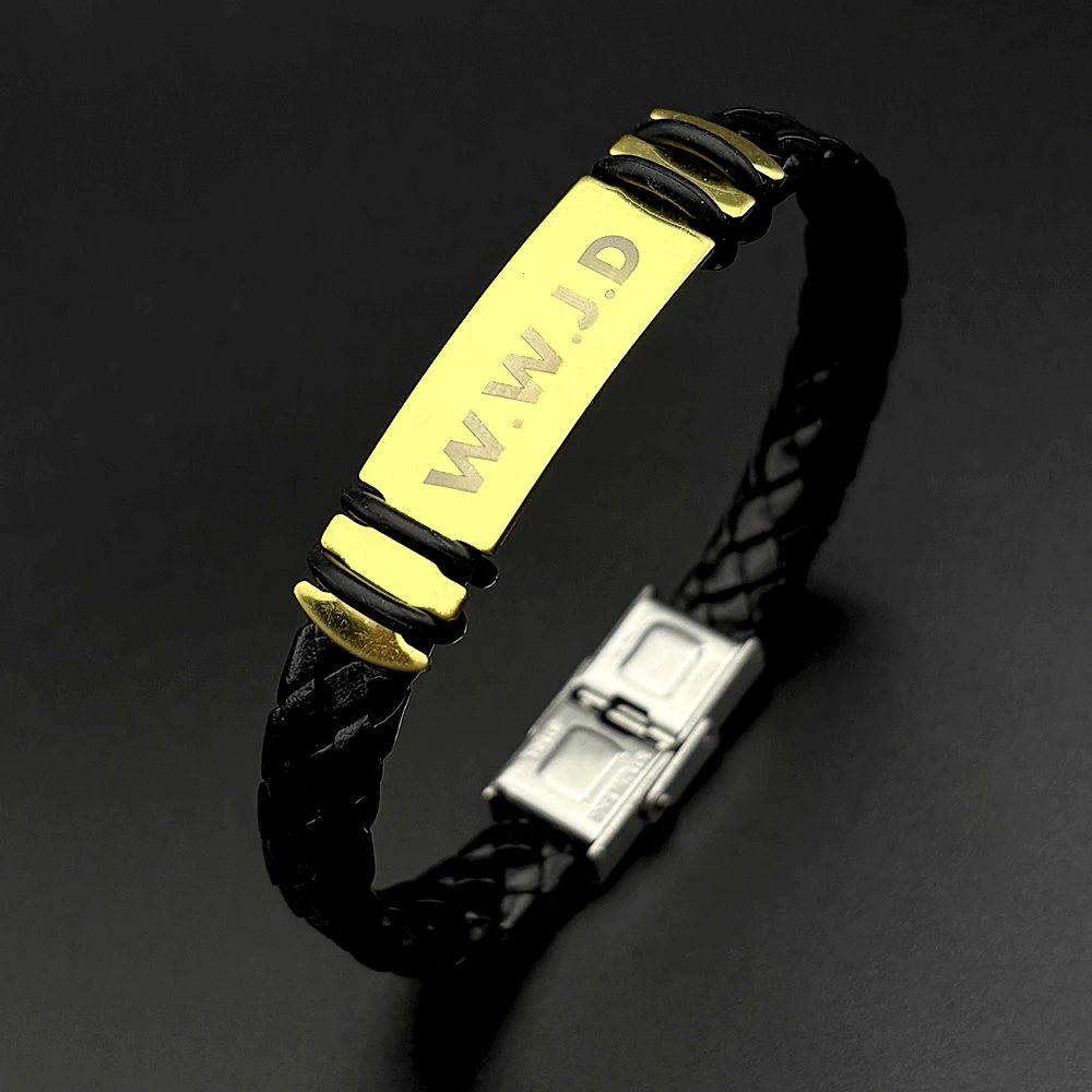WWJD Armband aus PU-Leder für Männer, Glaubens-Punk-Armband für den Alltag und die Kirche, Schwarz, Was Würde Jesus Tun, Religiöses Amulett, Handschmuck-Accessoire – Detail 8