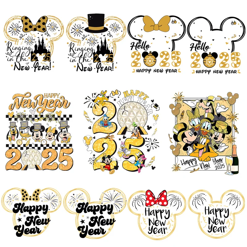 Hello 2025 Happy New Year Disney Mickey Minnie Family Trip Patches for Clothes Heat Transfer Stickers Iron on for Women T shirt