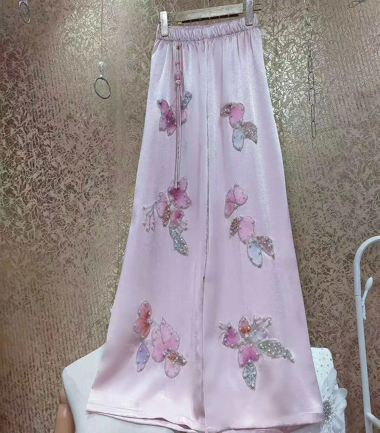 Full Length Women's Pant Luxury Sequins Embroidery Wide Leg Straight Pants 2026 Autumn Stylish Pink Pant