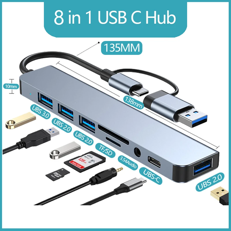 

USB-концентратор 8 в 2, с устройством чтения карт-сплиттера, портом USB C, USB 3.0/2,0, устройство чтения карт-сплиттера SD/TF, док-станция
