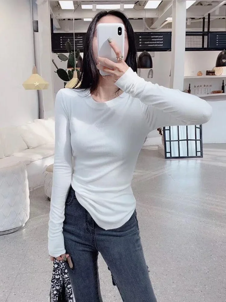 Asymetryczna gruba koszulka z długim rękawem 2023, damska koreańska moda Casual Slim-fit Top Cute Autumn Winter Basic Solid Y2k Tees