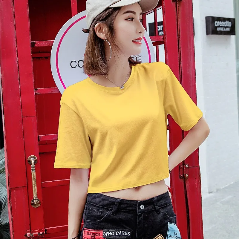 ファイオナブル レディース ルーズ ラウンドネック コットン Tシャツ へそ出し カラーベース シャツ スイート スタイル 春夏