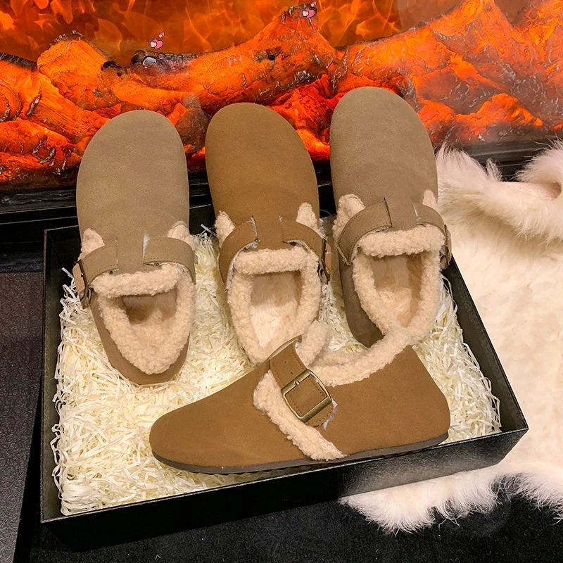 

Новая зимняя трендовая плюшевая хлопковая обувь в стиле ретро, теплая универсальная обувь на меху, туфли на плоской подошве, удобные туфли с носком