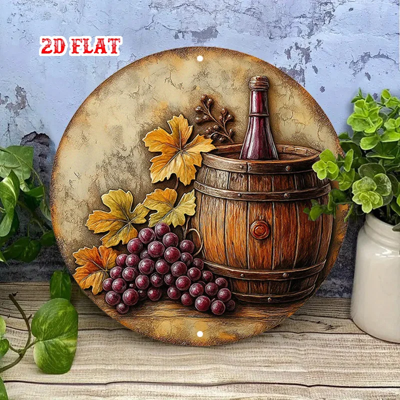 2D Flat, Grapes Round, Barrel Round Wall Decor Wine Bottle Rustic Metal Wall Art, Wall Decor Signs for Home, Garage, Cafe