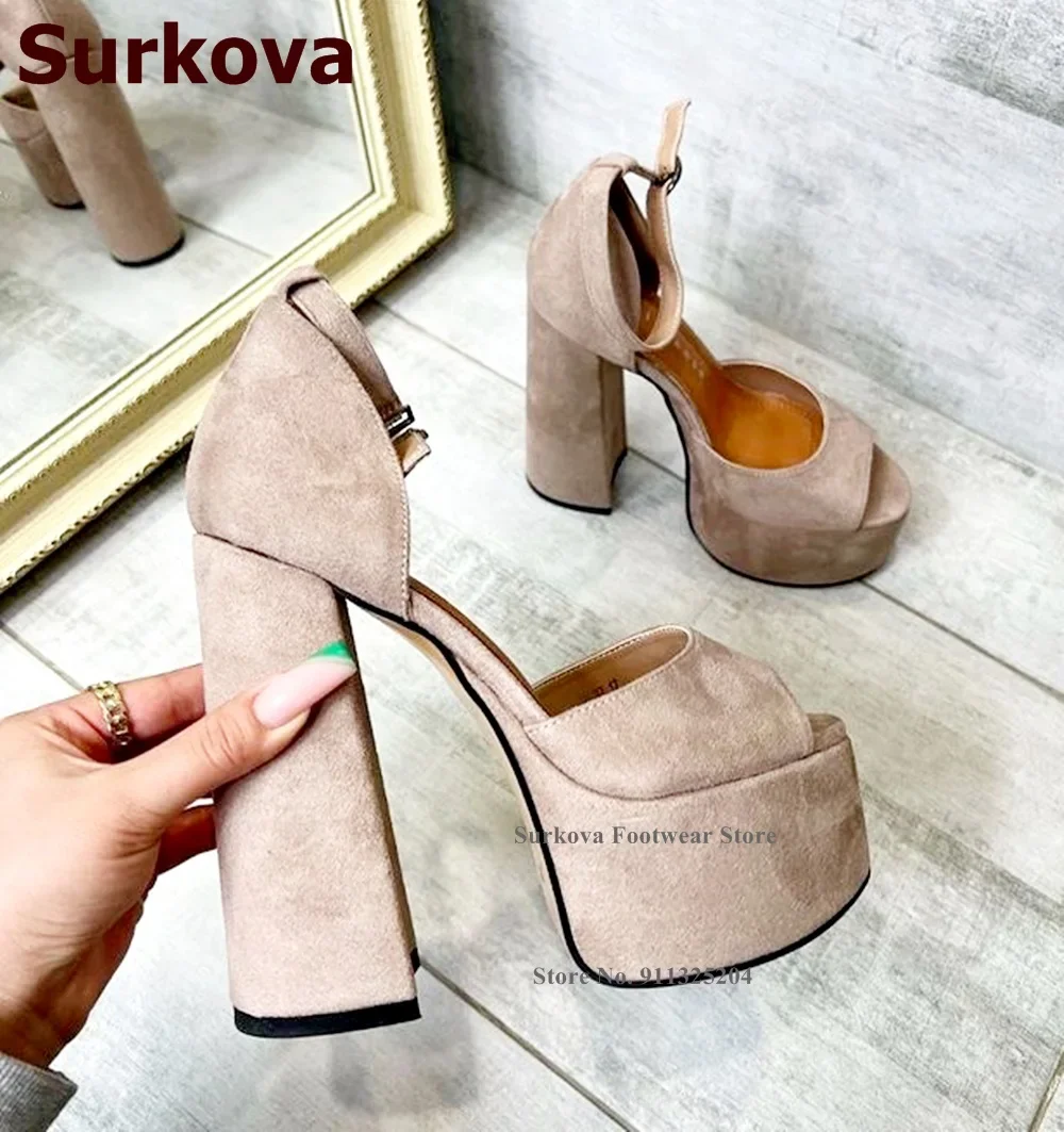 Surkova Apricot Black Thick High Heel Platform Sandals Open Toe Chunky Buckle Strap Dress Shoes Sky High Banquet Evening Pumps