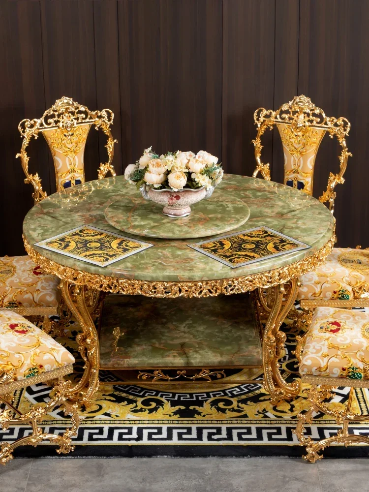 European marble tabletop round home living room metal carved luxury jade natural dining table and chair