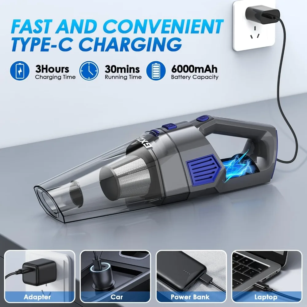 Handheld Vacuum Cordless, 15000PA Strong Suction Hand Held Vacuum Cleaner Rechargeable, Portable Car Vacuum with Multi-Nozzles