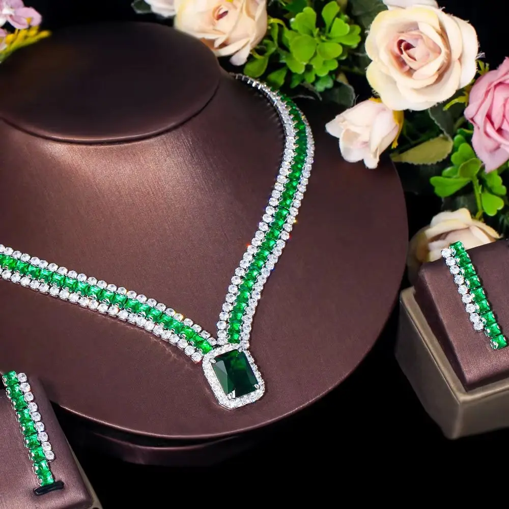 CWWZircons Luxury Green Cubic Zirconia Jewelry Set Rectangle Pendant Necklace Earrings for Brides Wedding Evening Party T0920